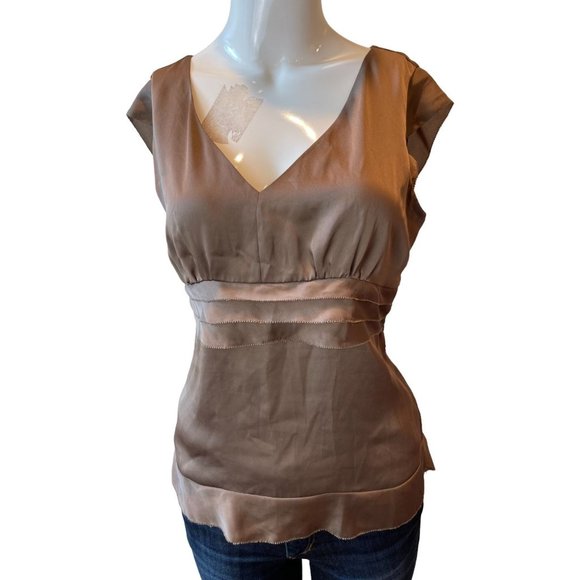 Ann Taylor Loft Women Satin Tank Top Ruffle Layered V Neck Sleeveless Brown SZ 2 - Picture 1 of 7